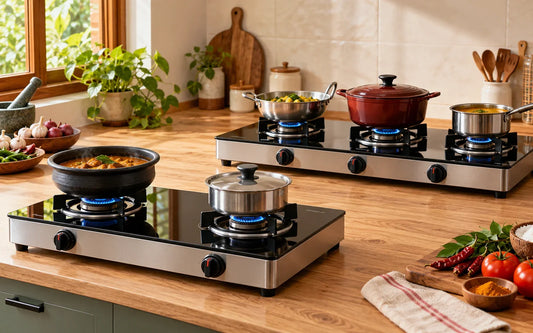 Two-burner and three-burner gas stoves in a home kitchen