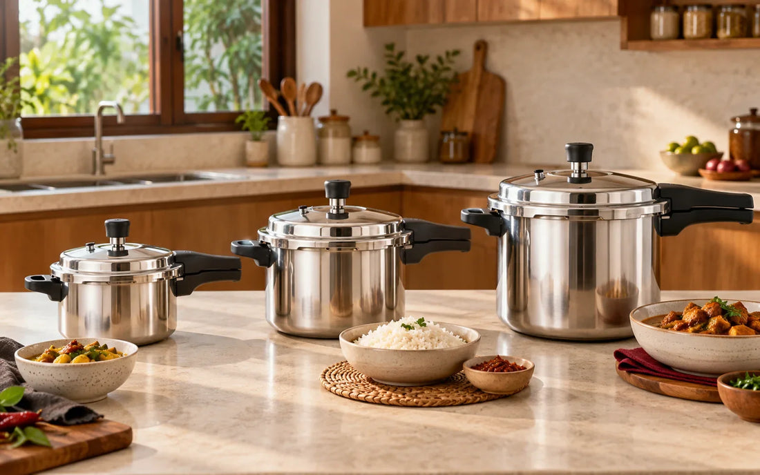 Pressure cookers in compact, medium and family sizes