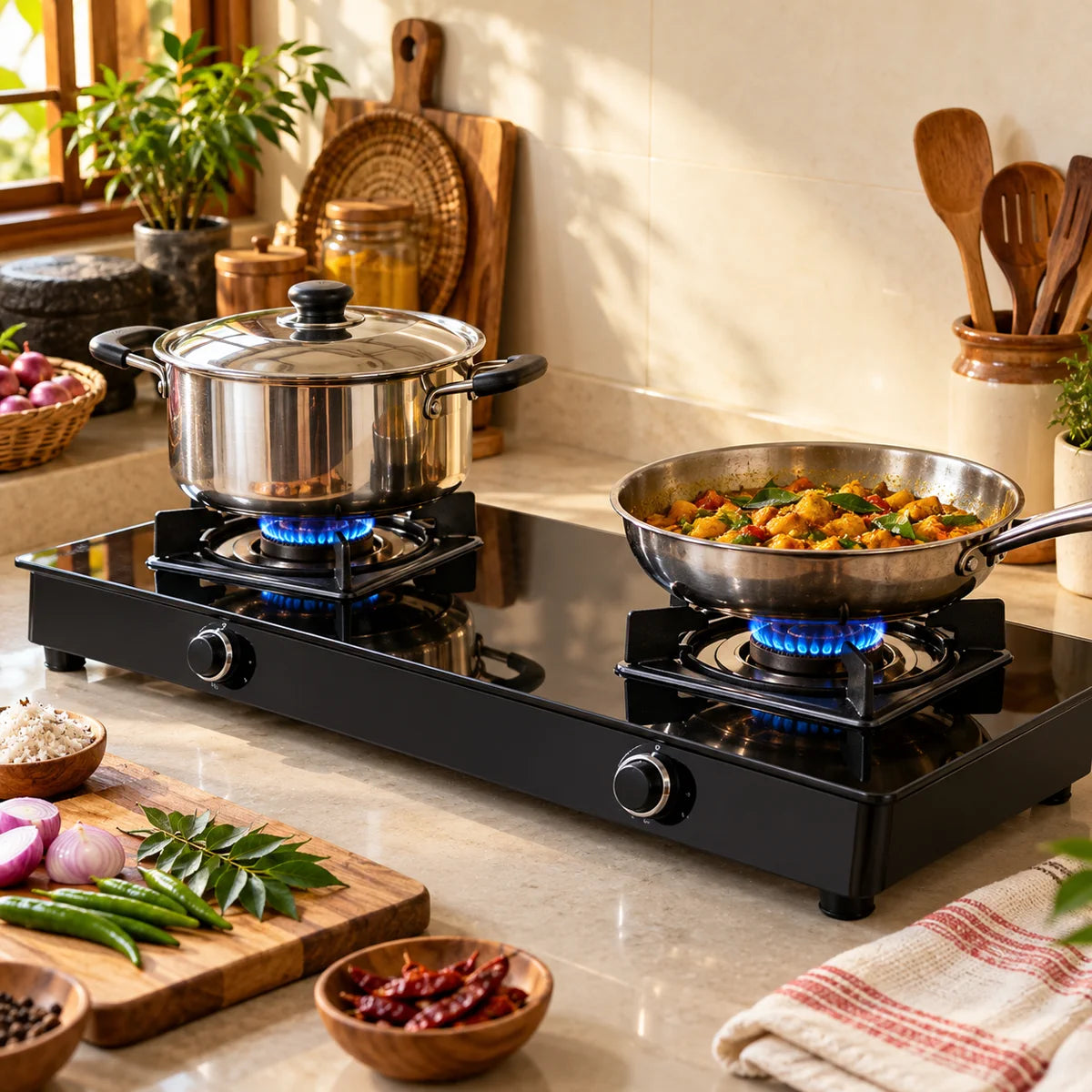 Two-burner gas cooker in a warm home kitchen