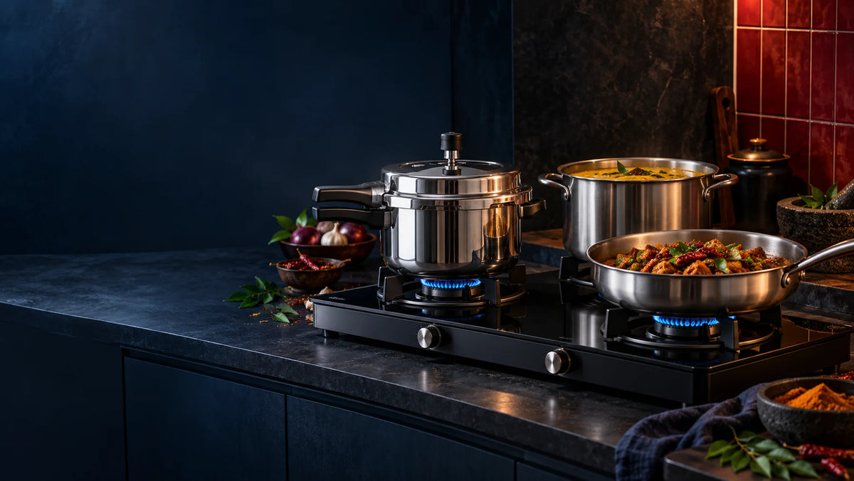 Cookware and gas cooking in a cinematic kitchen setting