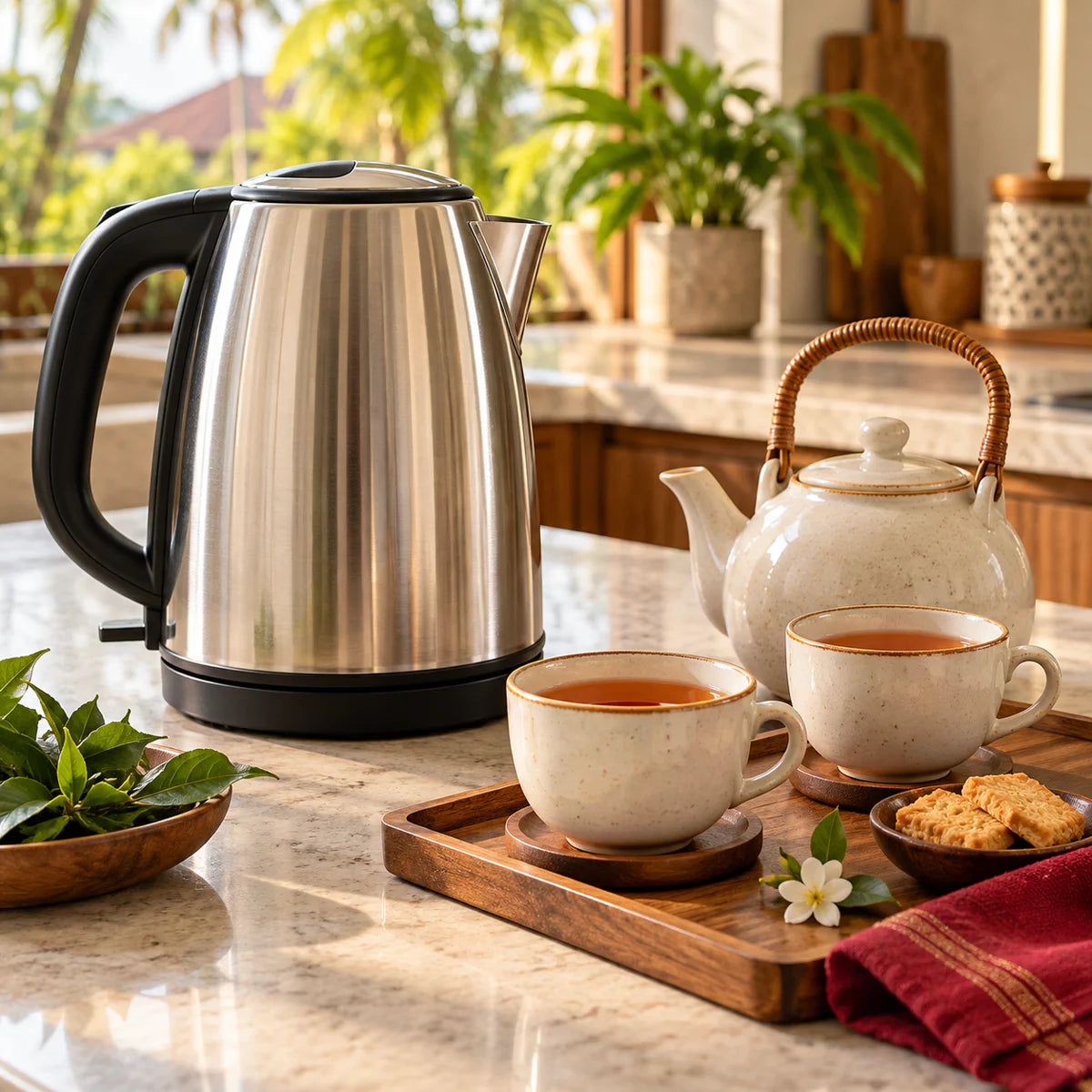 Electric kettle and tea service in a bright home kitchen