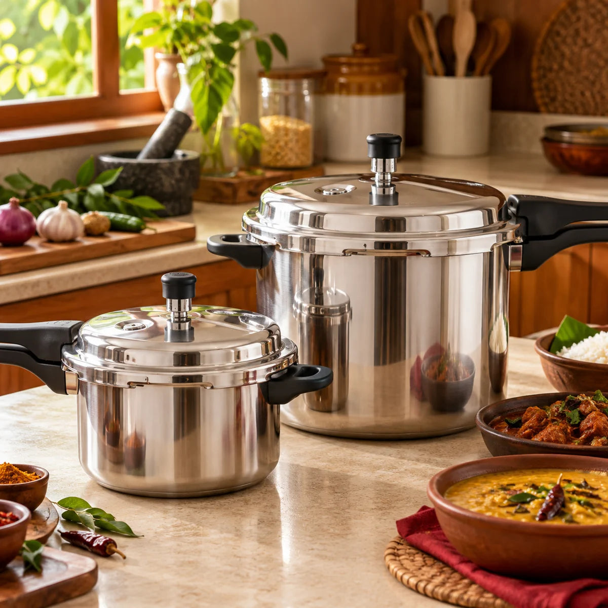 Pressure cookers in two practical household sizes